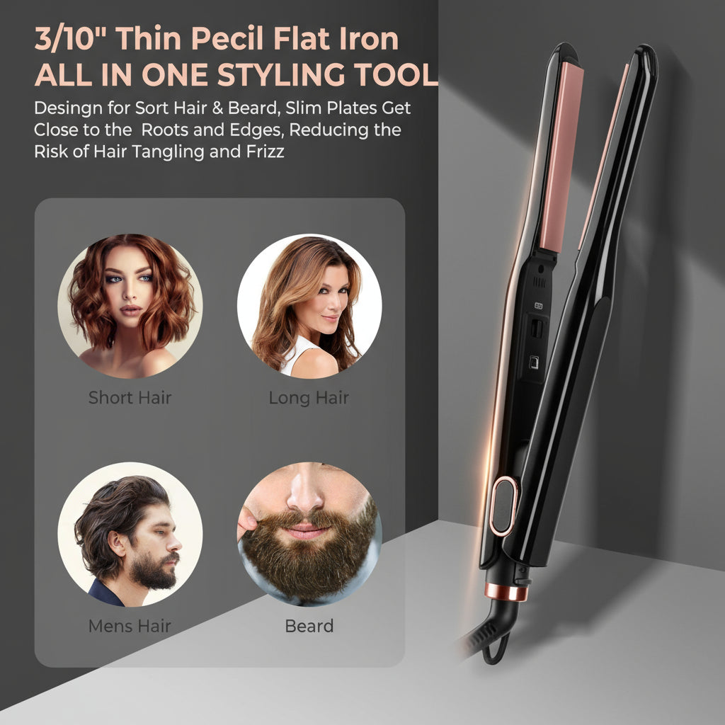 Black and rose gold flat iron with text and images of hairstyles on a white background